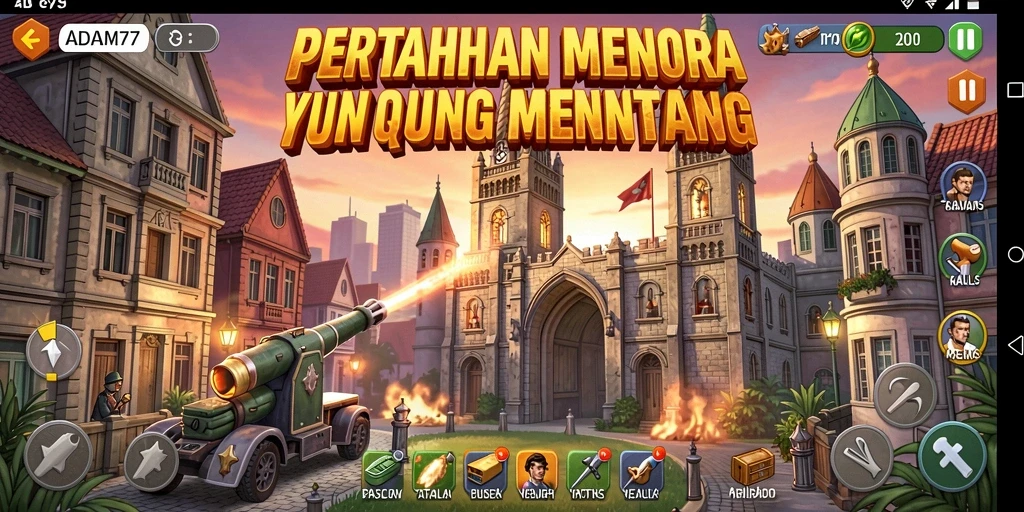 Tampilan gameplay ADAM77 yang mendebarkan dalam pertarungan Tower Defense.
