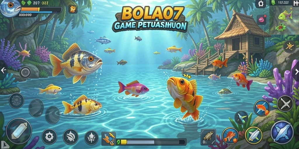 Screenshot BOLA07 menampilkan gameplay seru saat menangkap ikan.