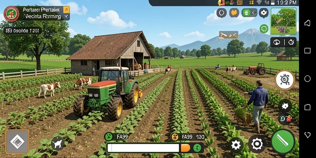 Screenshot gameplay FA99 menampilkan aktivitas bertani dan merawat hewan.