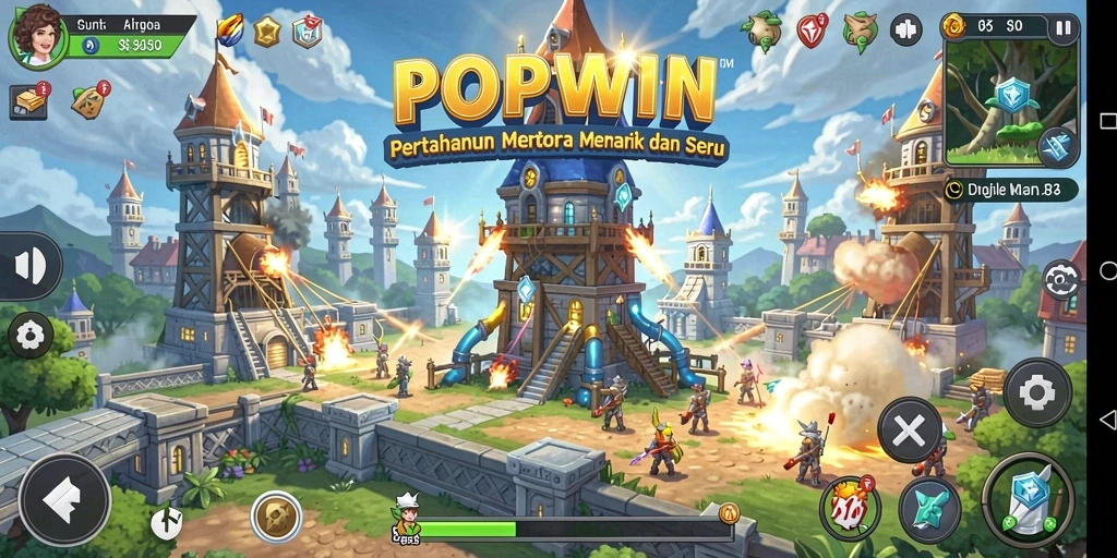 Tampilan gameplay intens dari POPWIN dalam genre Tower Defense.
