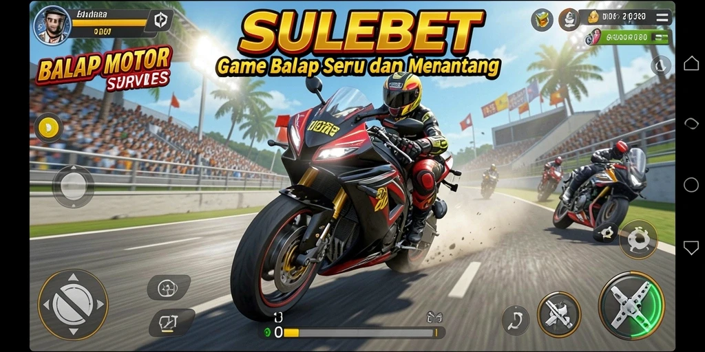 Gameplay SULEBET menampilkan balapan motor yang penuh aksi dan kecepatan.