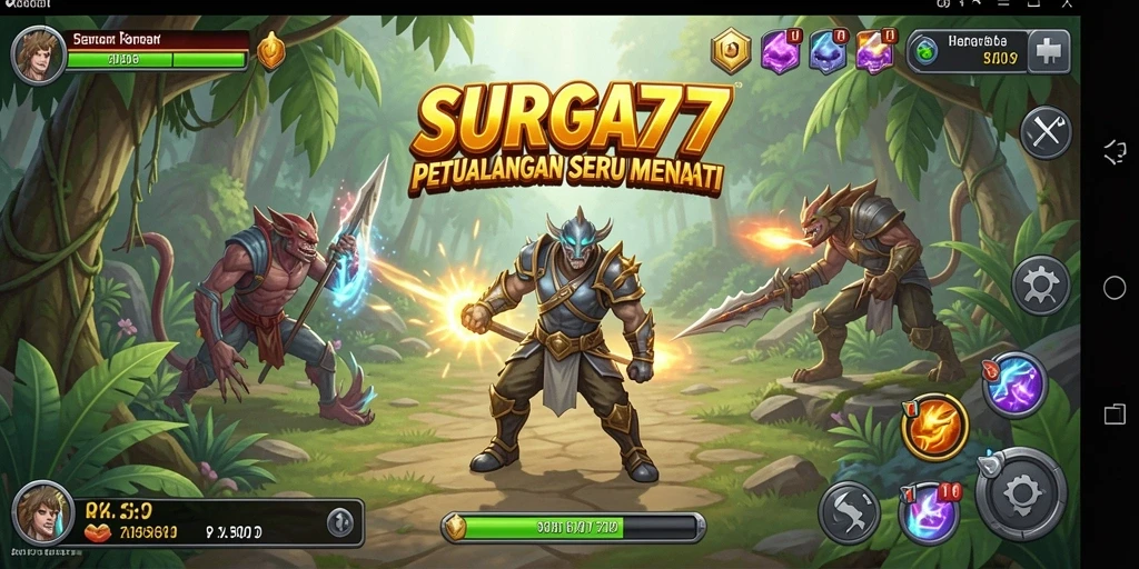 Tampilan gameplay SURGA77 yang penuh warna dan aksi petualangan.
