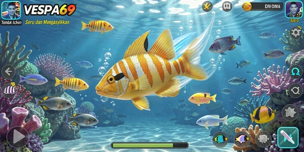 Screenshot gameplay VESPA69 menunjukkan keseruan menembak ikan.
