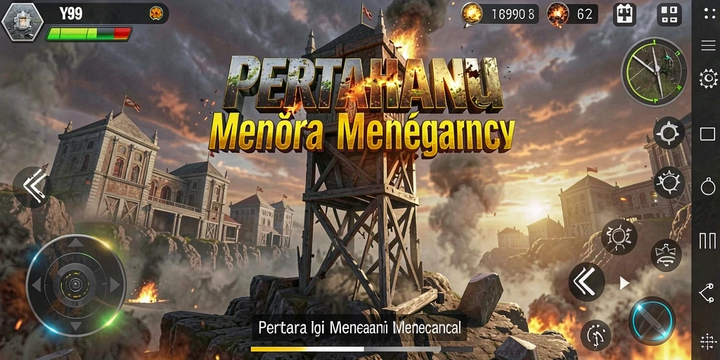 Tampilan utama gameplay Y89 dengan menara yang siap mempertahankan wilayah.